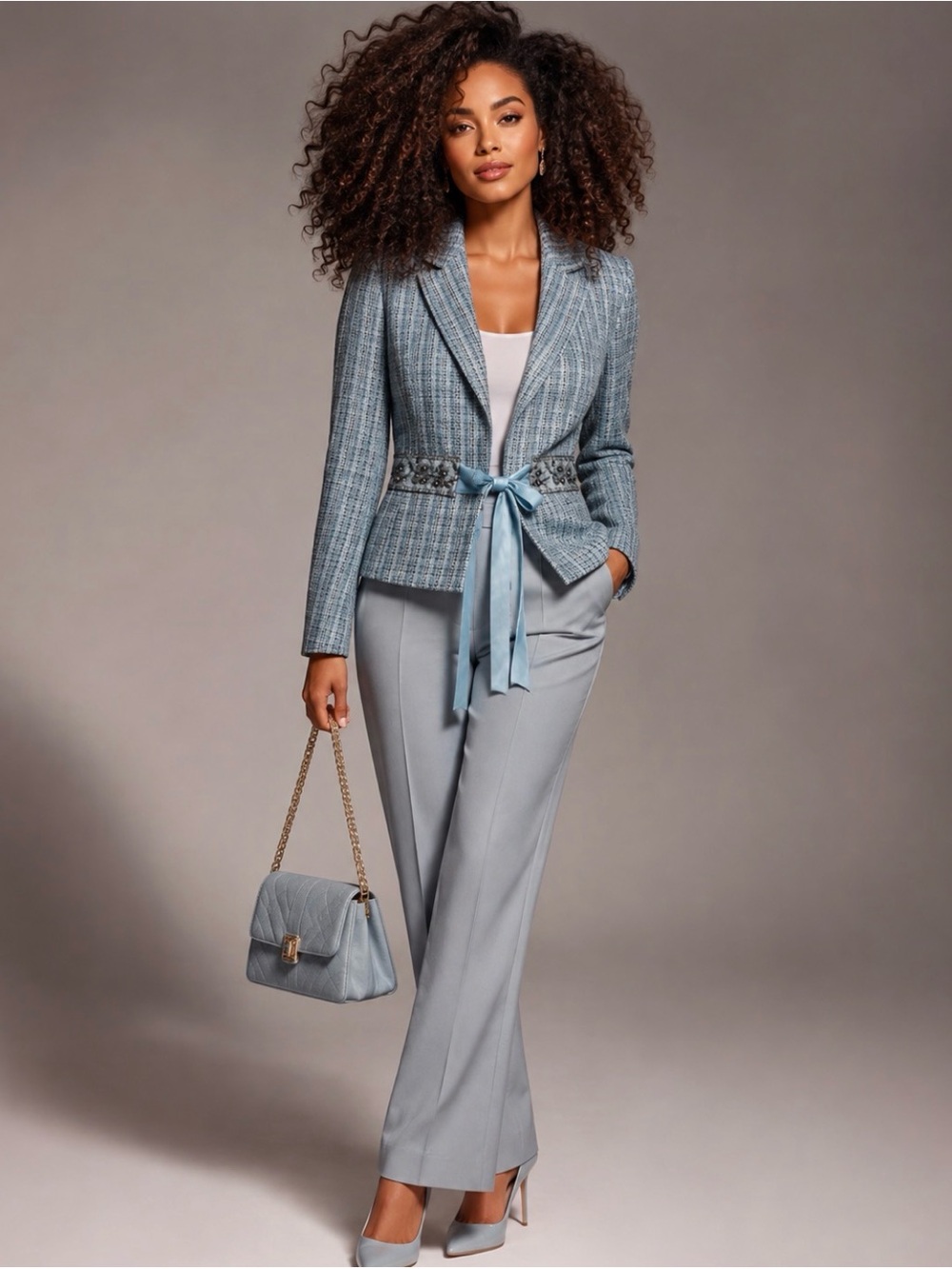 Blue Tweed Blazer‎ with Ribbon Detail
